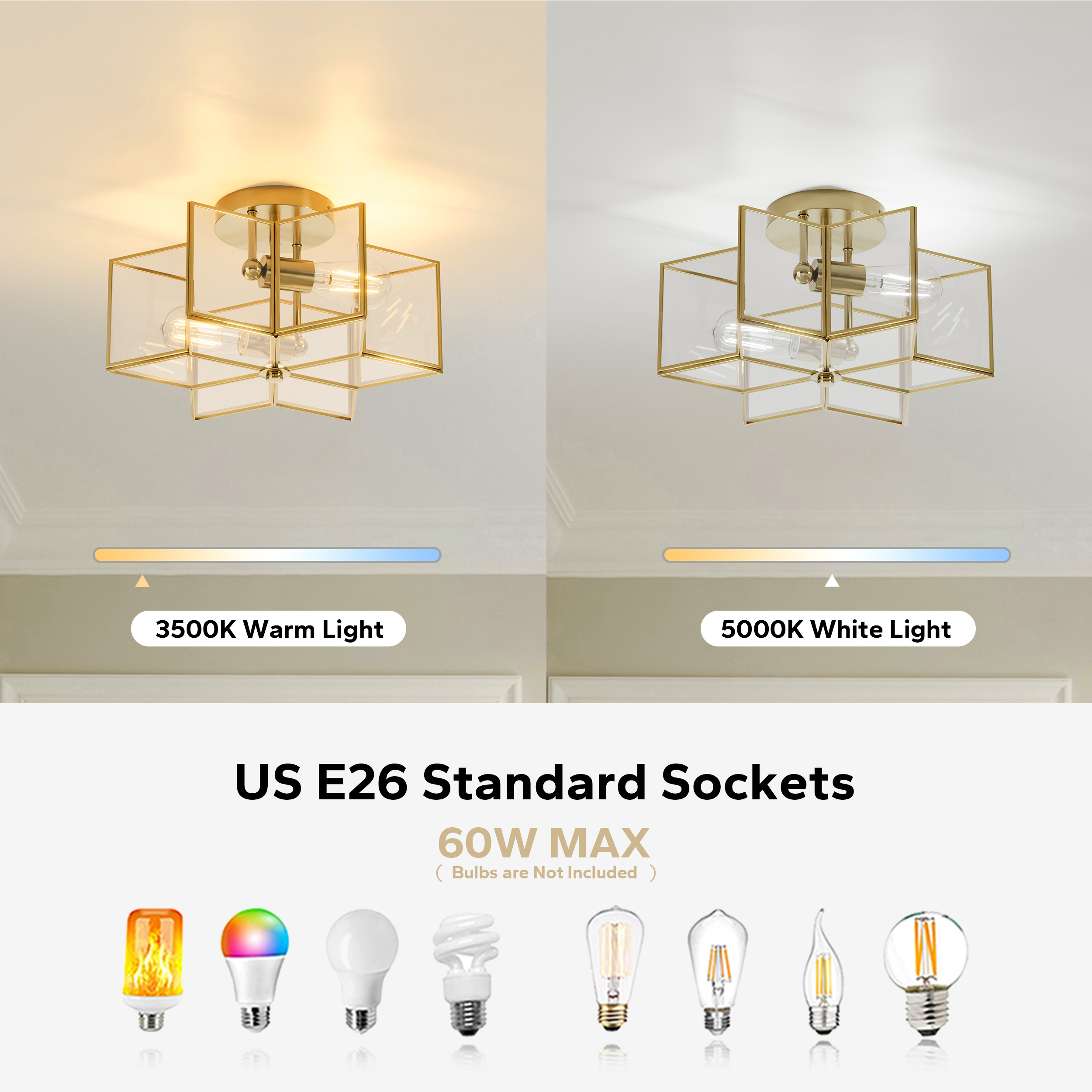 Meluaim Ceiling Light Fixture,  Flush Mount Ceiling Lamp with 2-Lights,Gold Hexagram Stra Shape, Brass Trim Craft