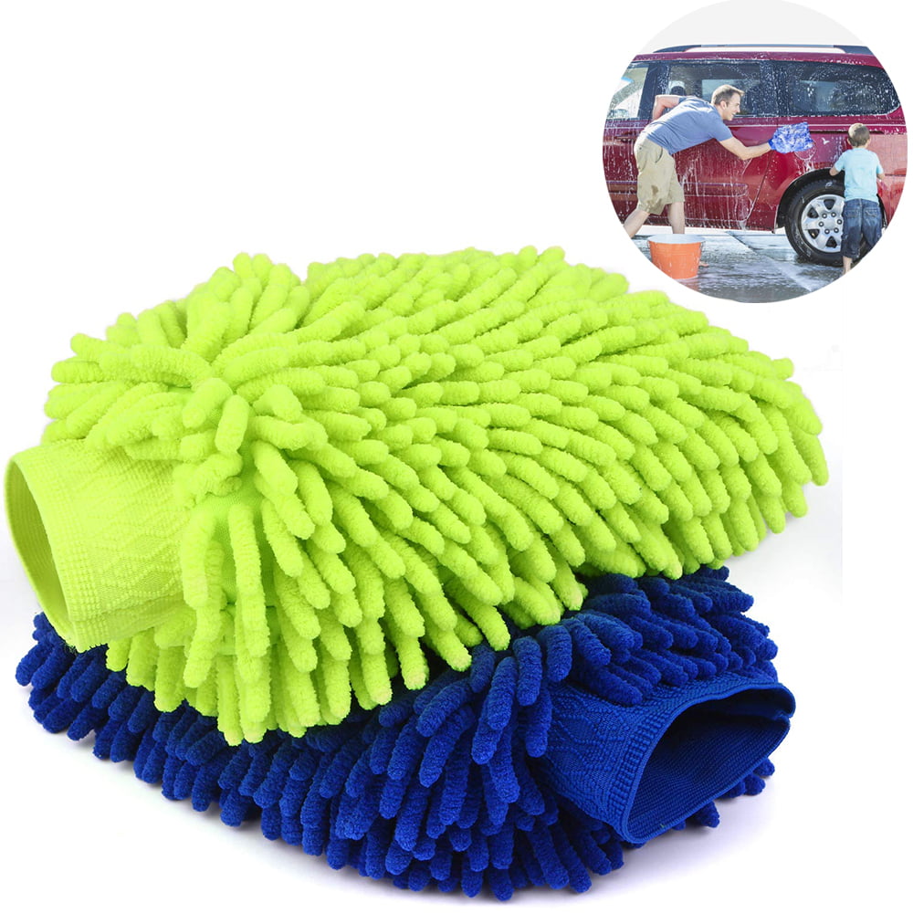 Microfiber Car Wash Mitt No Lint and Anti Scratch Car Wash Gloves 2 Pack Double Sided Chenille Microfiber Wash Mitt 