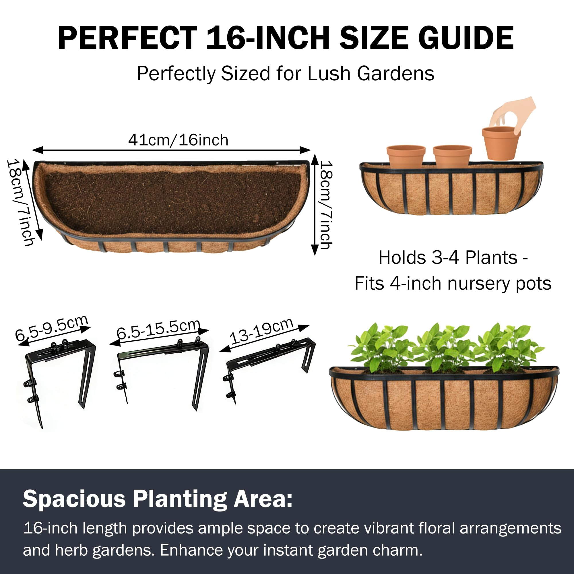 16 Inch Window Box Railing Planter 4 Pack Metal Wall-mounted Coconut Liner Outdoor Deck Balcony Porch Fence Patio