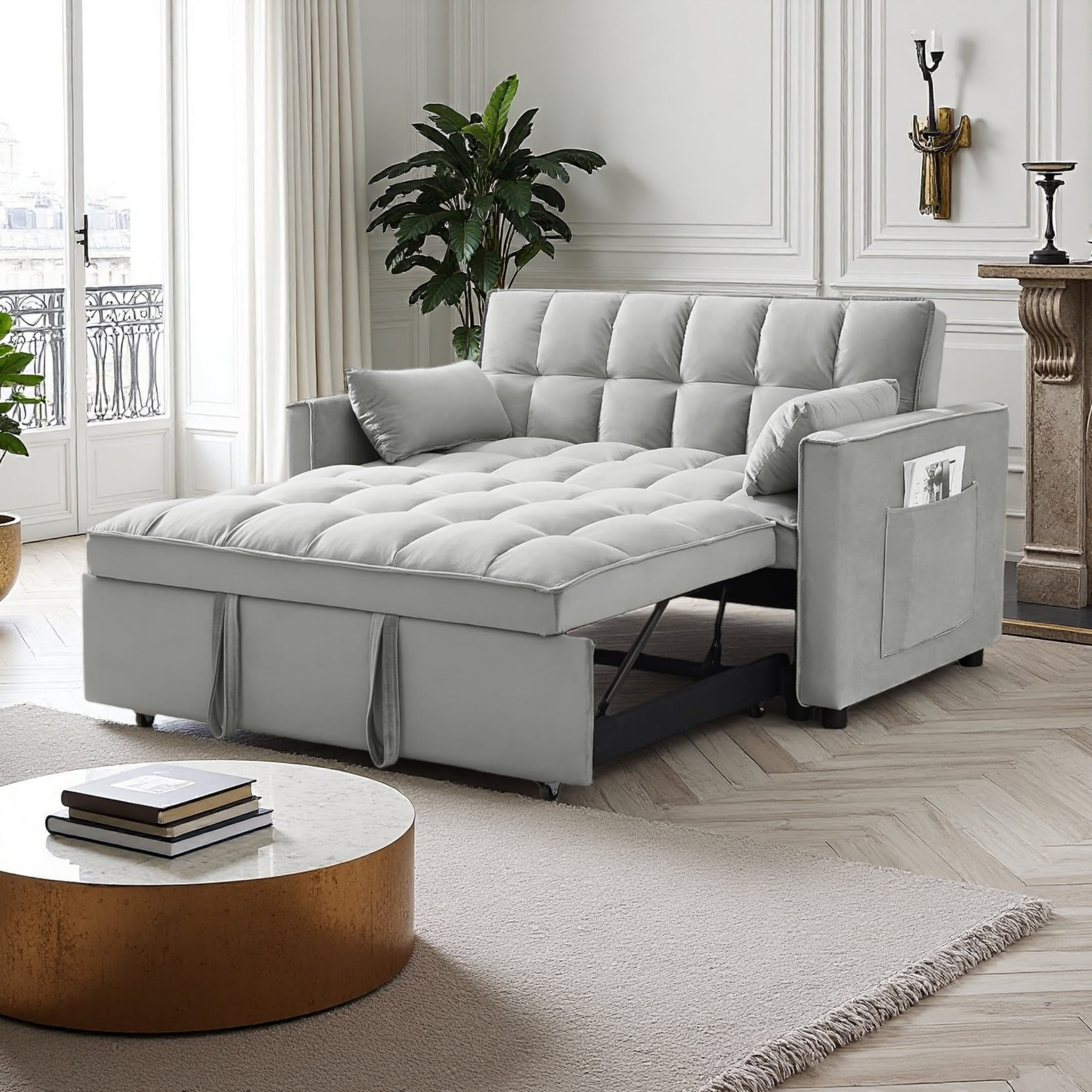Vinform 54" 3 in 1 Convertible Sleeper Sofa Bed, Pull Out Loveseat Couch with Storage Pocket, Light Gray
