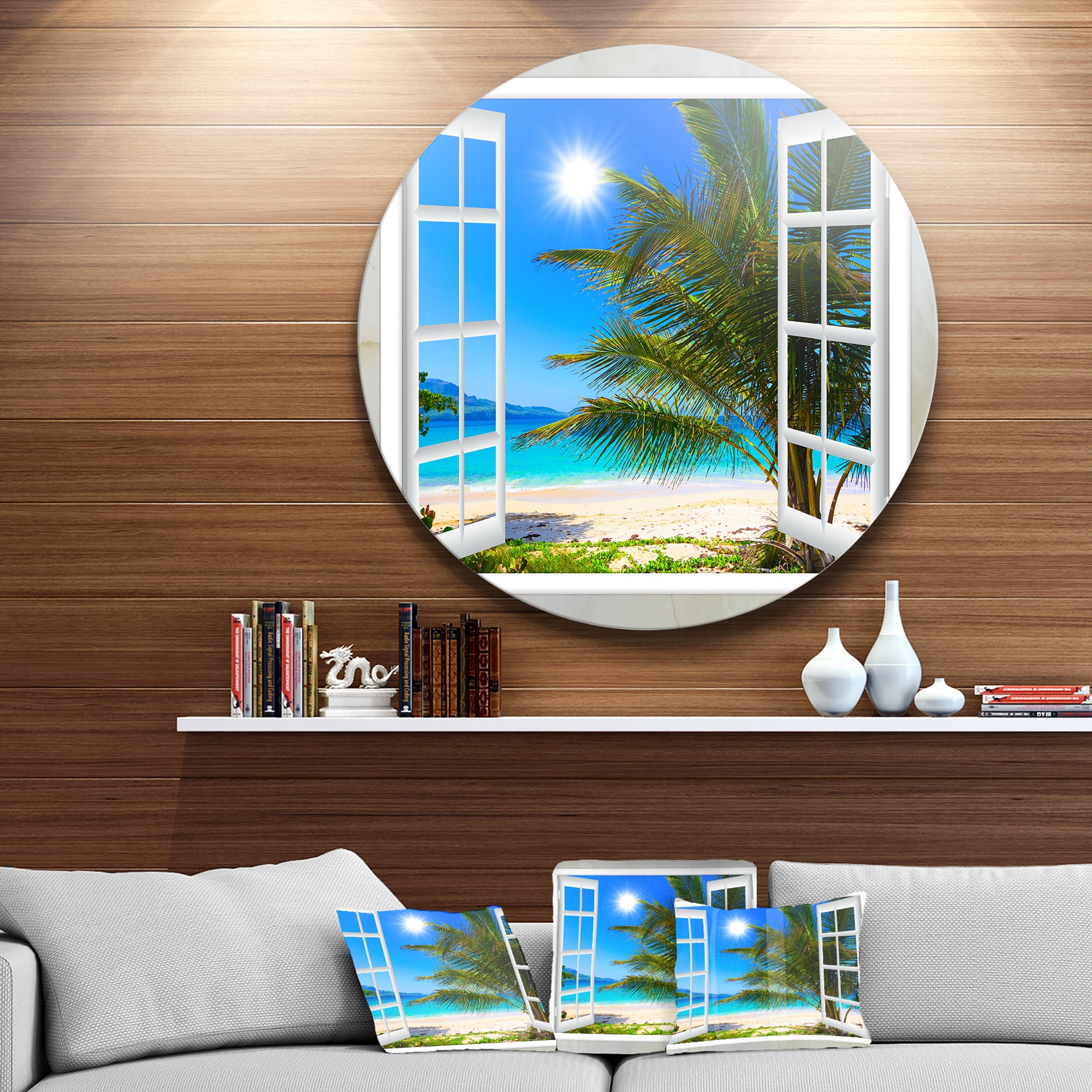 Designart 'Window Open to Beach with Palm' Extra Large Seashore Metal Circle Wall Art