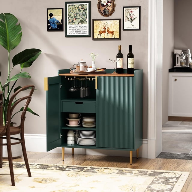 Ourlova Coffee Bar Cabinet with Wine Racks Green Liquor Cabinet with Fluted Texture Modern Sideboard Buffet Cabinet for Kitchen Dining Room Living Room