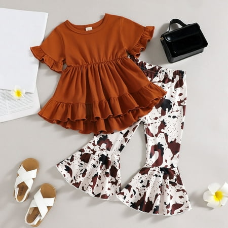 

Hunpta Toddler Girls Ruffles Short Sleeve Tops Leopard Printed Flare Pants Outfits