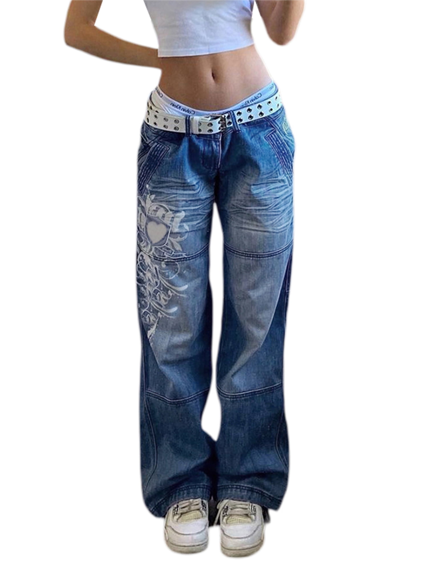 zingen bladzijde mengsel Women Y2K Baggy Jeans High Waist Wide Straight Leg Distressed Vintage Cargo Denim  Pants Streetwear - Walmart.com