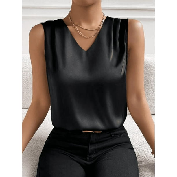Xuyuer Women's Casual Fashion Solid Color V-Neck Satin Top, Chic Short Sleeve Blouse for Dinner Dates, Cocktail Parties and Spring Summer Evening Wear
