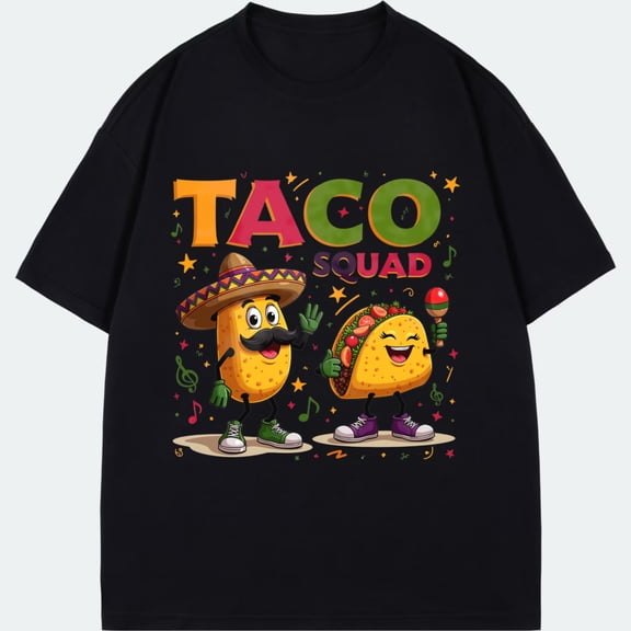 T-Shirt Black Taco Squad Cartoon Tacos With Sombrero And Maracas Music Notes Design For Casual Wear Party Fun Outfits