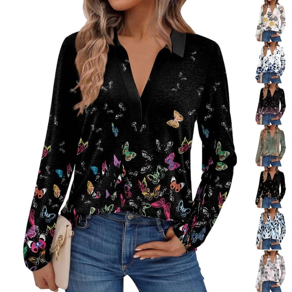 Women's Fashion Athleisure Long-Sleeve Vintage Floral Butterfly Print Stand Collar Polo Shirt Top, Comfortable & Skin-Friendly & Breathable, Gifts for Women