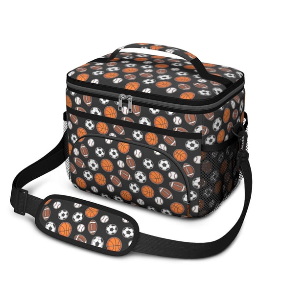 Football and Basketball Black Pattern Insulated Lunch Box for Women Men, Medium Leakproof Cooler Bag with Adjustable Strap, 10"x6.7"x8"