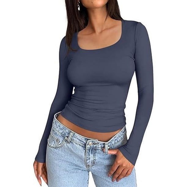 Top corto ajustado de manga larga para mujer: camiseta ajustada con cuello redondo, poliéster y spandex, diseño básico liso para hacer ejercicio, yoga y estilo informal.