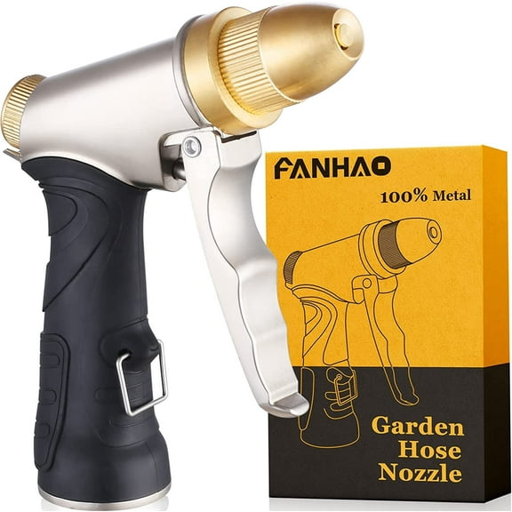 FANHAO Garden Hose Nozzle, Heavy Duty Metal Watering Hose Nozzle with 4 Patterns, Abs Non-Slip Grip