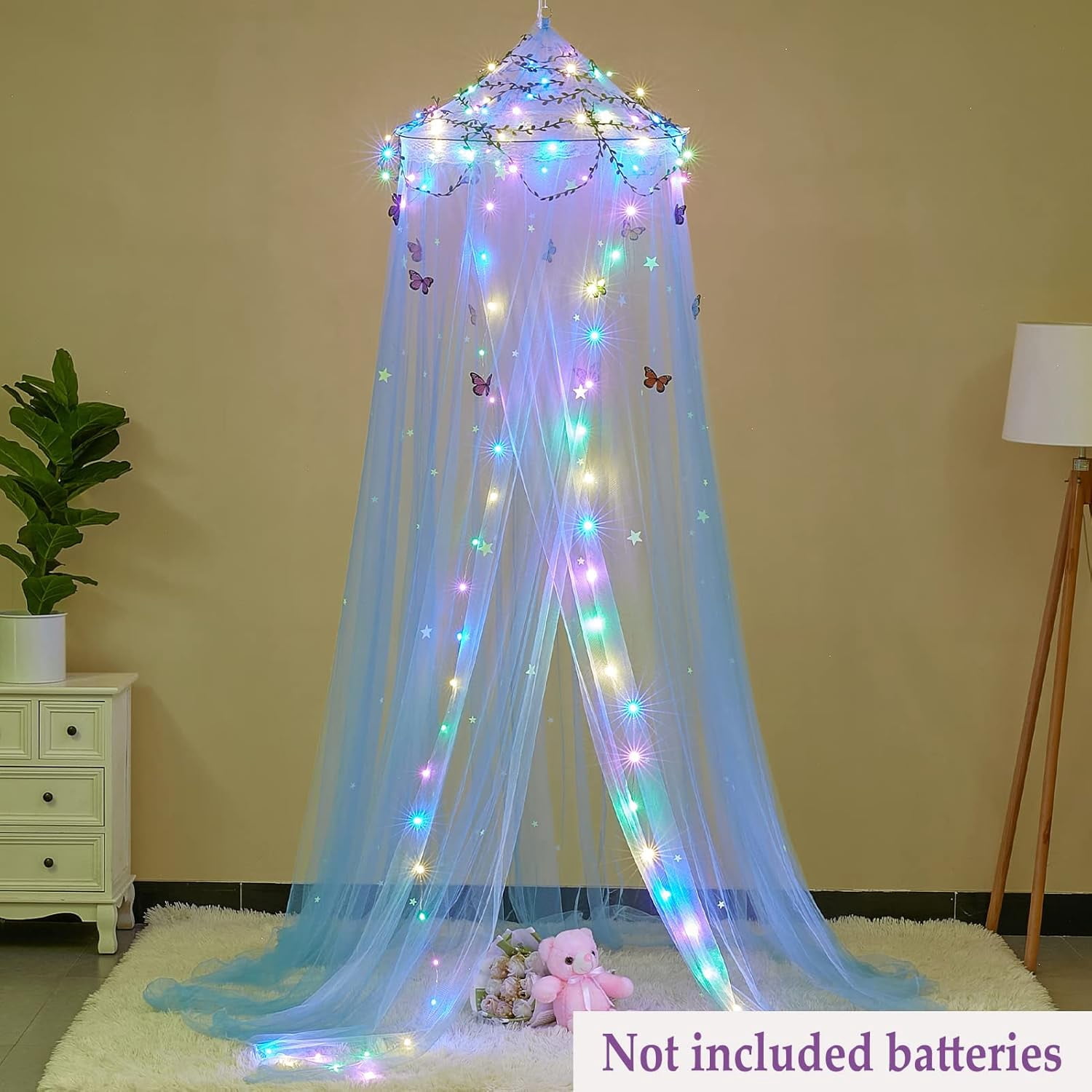 CAILDANL Bed Canopy for Girls Room Bed Canopy Curtains with Led Lights Mosquito Net DIY Princess Room Décor with Stars Butterflies for Kids Bedroom, Hot Pink
