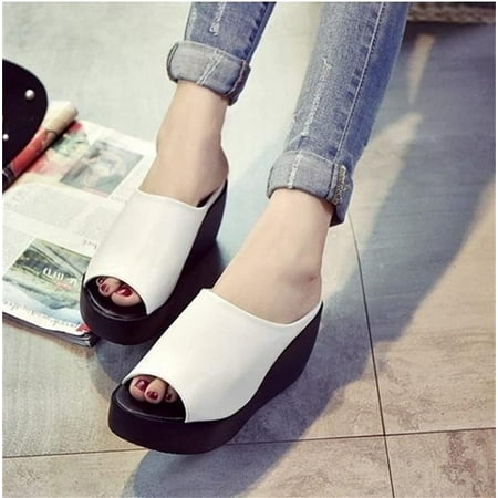

Women s Breathable Wedge Platform Sandals Casual Simple Peep Toe Slip-On Shoes Orthopedic Walking Slippers Arch Support Outdoor Fish Mouth Beach Shoes (Color : Black Size : 8)