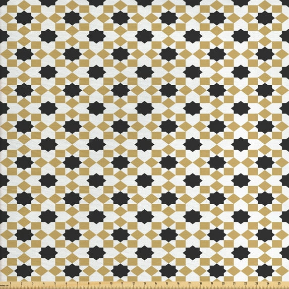Oriental Fabric by the Yard, Simplistic Folkloric Motif with Eastern Star and Squares, Decorative Upholstery Fabric for Sofas and Home Accents, Mustard Grey by Ambesonne