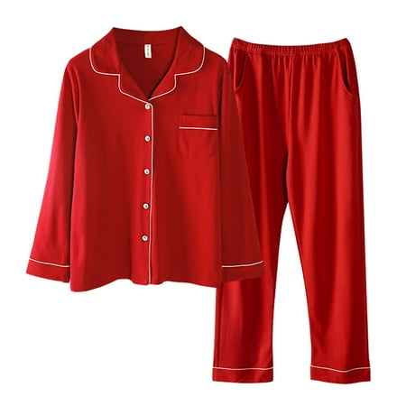 

YWDJ Pajamas for Women Men Casual Single Pocket Solid Cardigan Long Sleeves Sleepwear Tops And Pants Turndown Suit Red XXXL