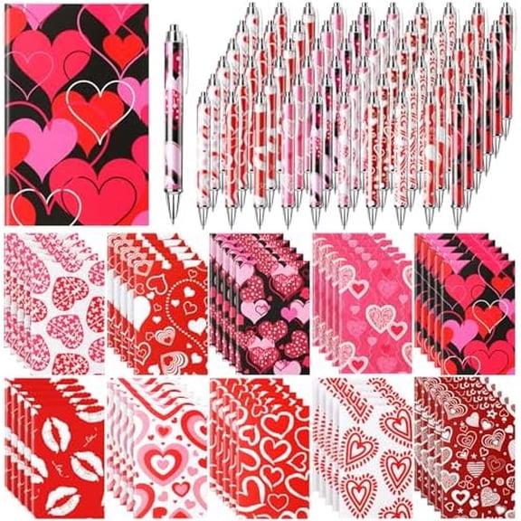 120 Pcs Valentine's Day Gifts, 60 Pcs Valentine Notepads 4.92 x 3.15 Inch Notebooks Small Journals Bulk, 60 Pcs Ballpoint Pens Black Ink Pens for Journaling Office Gifts$$Office