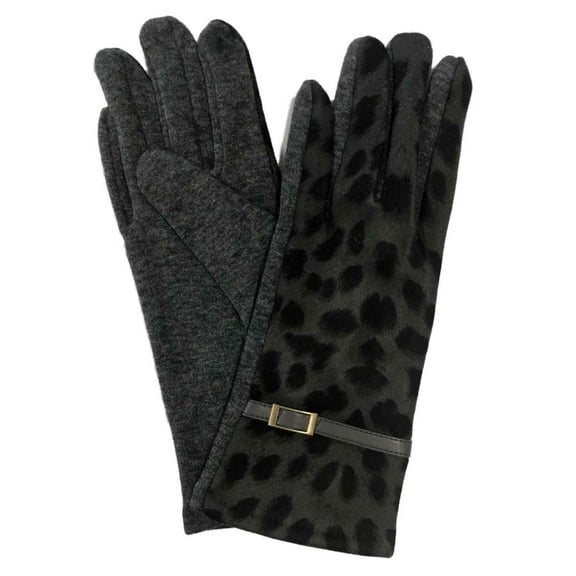 Womens Gray & Black Leopard Print Stretch Fit Texting & Tech Touchscreen Gloves