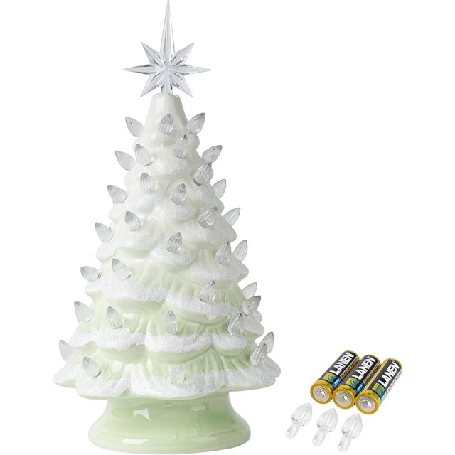 Sunlit Cordless Lighted Ceramic Christmas Tree Vintage Tabletop Christmas Decoration Pre-Lit Colorful Mini Light Bulbs 13" Traditional AA Battery Operated LED - Ombre Green