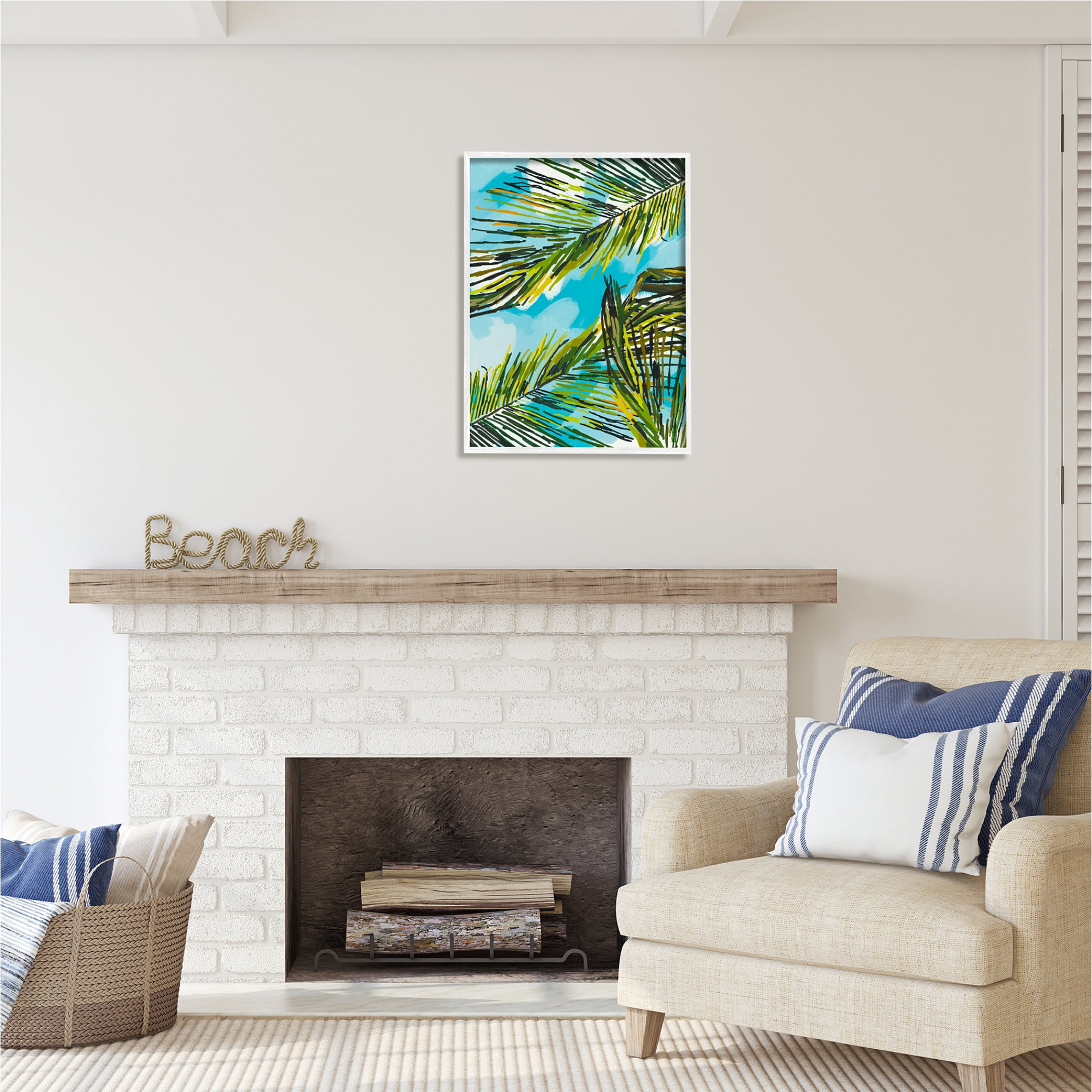 Stupell Industries Palm Leaves Blue Sky Botanical & Floral Painting White Framed Art Print Wall Art, 24 x 30