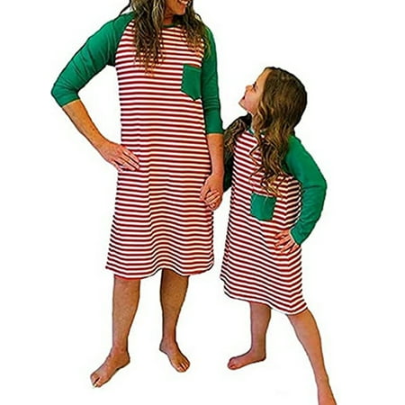 

Loliuicca Christmas Mommy and Me Dresses Casual Striped Family Matching Outfits Pajamas Nightgown Patchwork Clothes