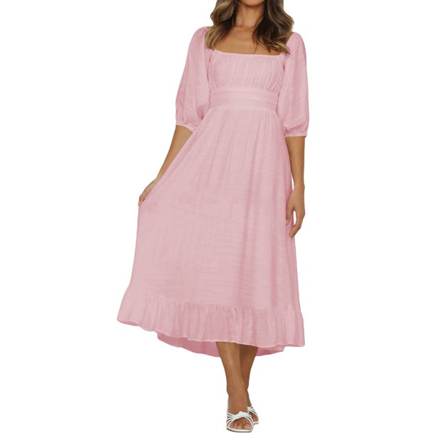 Sunloudy Vestido de verano para mujer, vestido midi con mangas acampanadas y cuello cuadrado liso con lazo en la espalda, vestido de una pieza largo con dobladillo con volantes para mujer Sunloudy moda