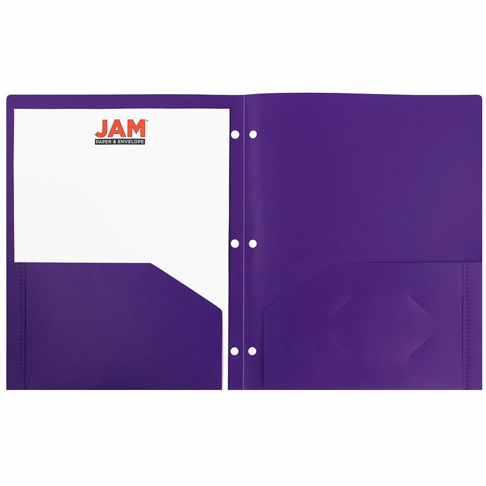 JAM Paper Heavy Duty Plastic 3 Hole Punch Pocket Folders, Extra Tough, Purple, Bulk 144/Box