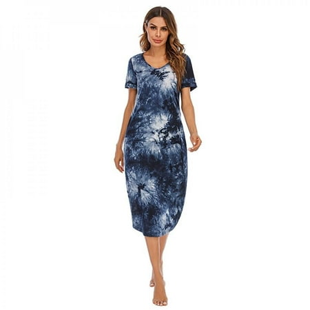 

SweetCandy Tie dye One-Piece Pajama V neck Short Sleeve Knee-Length Sleepwear Pullover Loungewear Purple M