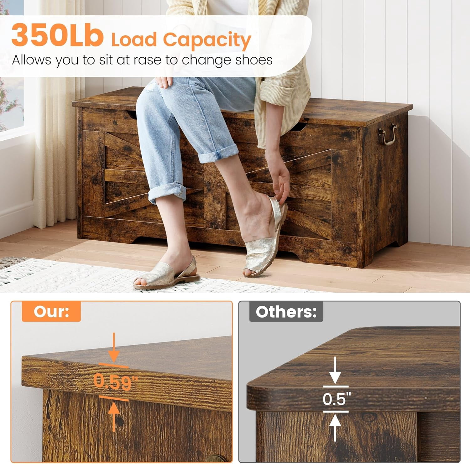 Storage Chest,24.8 In Storage Trunk with Safety Hinges,Wooden Storage Bench,Toy Organizer Box Shoe Bench,Easy Assembly,Storage Bench for Bedroom,Living Room,Entryway