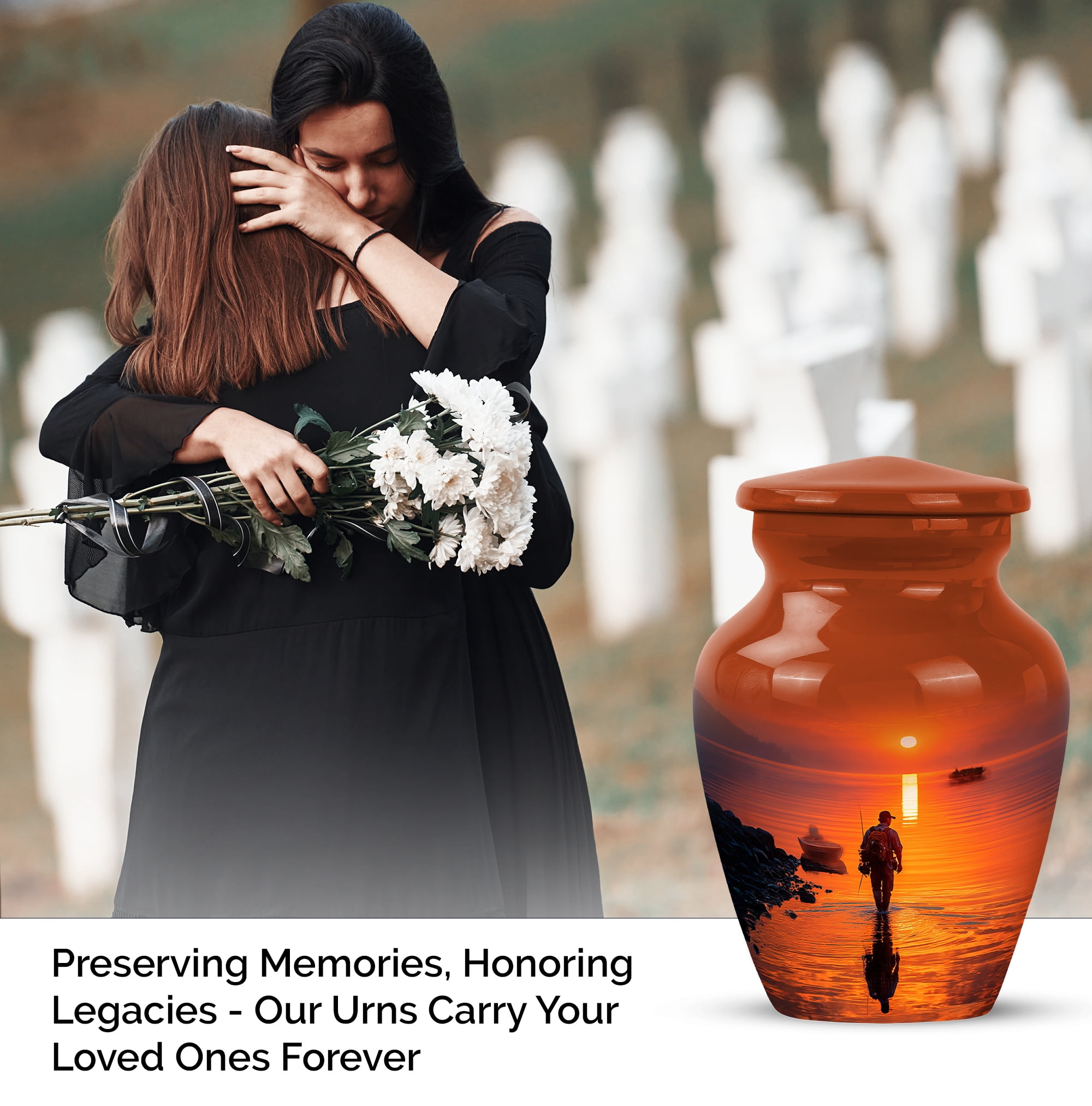 Fishing Man Small Keepsake Urn For Ashes Adult Male And Female - Brown Cremation Urns For Human Ashes For Husband And Wife - Sunset Memorial Mini Urn For Daughter And Son 3 Inch