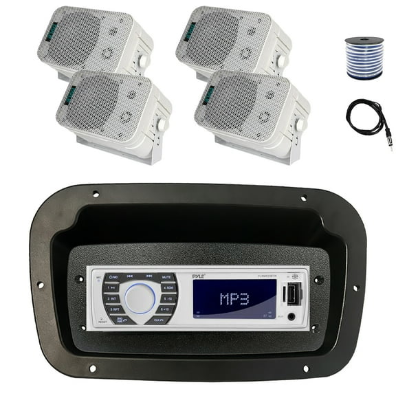Pyle PLRMR23BTW Single DIN Bluetooth Marine MP3 Stereo Receiver, Spa bezel, Adapter Plate, 22" Radio Antenna, Wire, 4x 5.25" 400W Max Indoor/Outdoor Waterproof Audio Speakers (White)
