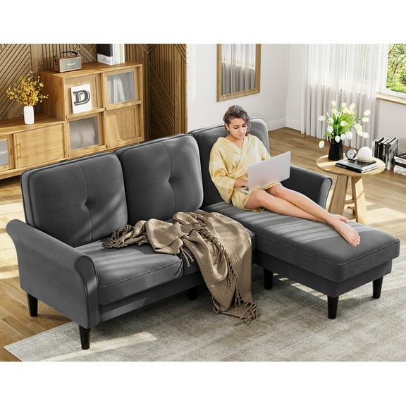Domusensus 83" L-Shaped Sectional Sofa with Ottoman, Velvet 3-Seater Couch for Small Spaces, Grey