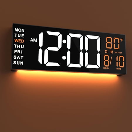 16 Large Digital Wall Clock with Countdown Timer, Big RGB LED Display, Alarm, DST & Temperature, Easy-to-Read Modern Clock for Living Room, Classroom, Desk, Holiday Gifts for Seniors, White-Orange