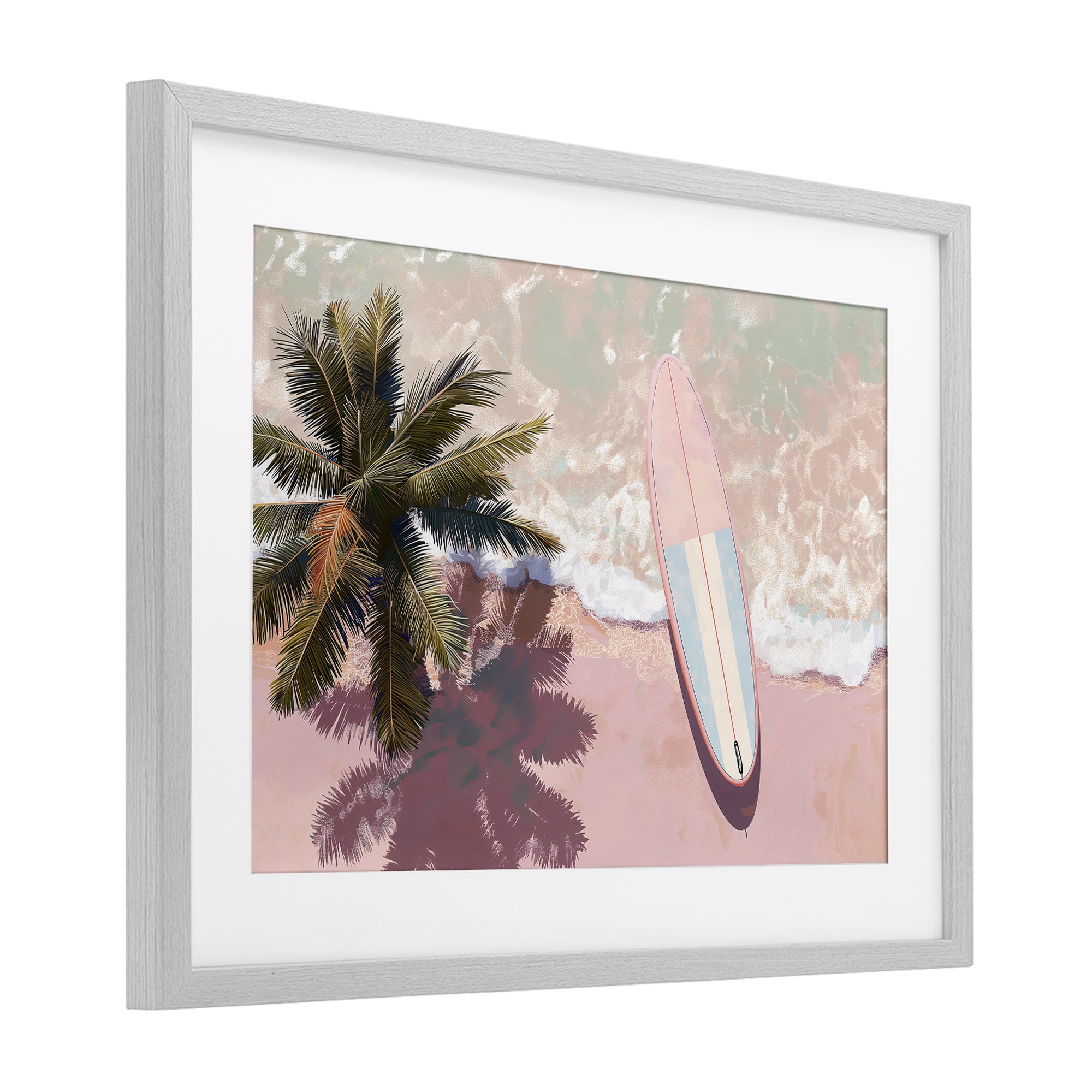 Stupell Industries Blush Pink Surfboard & Palm Gray Framed Print Under Glass, design by Jacky Ngan