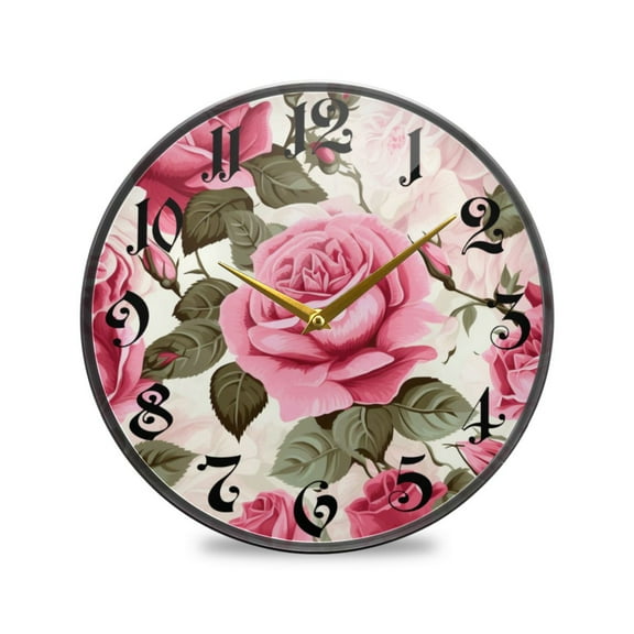 9.5" Round Silent Wall Clocks Roses Flower Acrylic Battery Operated Clock Non-Ticking Clocks Bedroom Living Room Home Decorative
