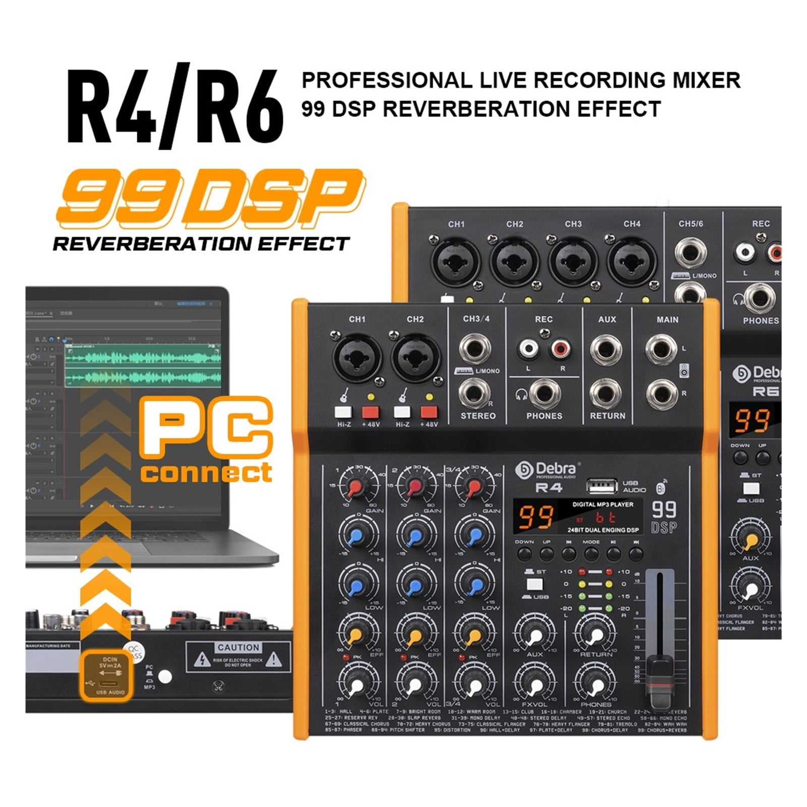 OTG Metal Mixer DJ Console Mini4 With Bluetooth 48V Power Delay Repaeat Effect For Sound Mixing Console PC Recording ,Easy to Operate