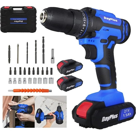 

Power Drill Set 21V Max Cordless Drill 3/8 Keyless Chuck Electric Driver with 1.5Ah Lithium Ion Battery and Charger 2 Variable Speed 25+1 Torque Setting 26 Pieces Drill/Driver Accessories Kit
