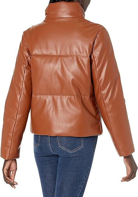 Levi's Womens Faux Leather Moto Puffer Jacket Camel Medium