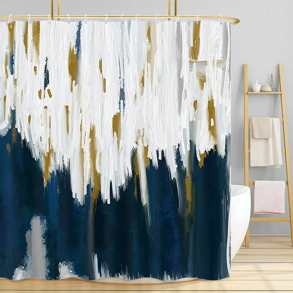 Navy Blue Shower Curtain, Gray Gold Navy Blue Ombre Fabric Kids Bath Curtain, Chic Modern Abstract Brush Strokes Oil Painting Restroom Decor Dark Blue Bathroom Accessories, 36X72in