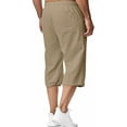 thumbnail image 2 of Men's Cotton Linen Pants 3/4 Quarter Waistband Loose Pant Casual Solid Color Drawstring Cropped Pants with Pockets, 2 of 6