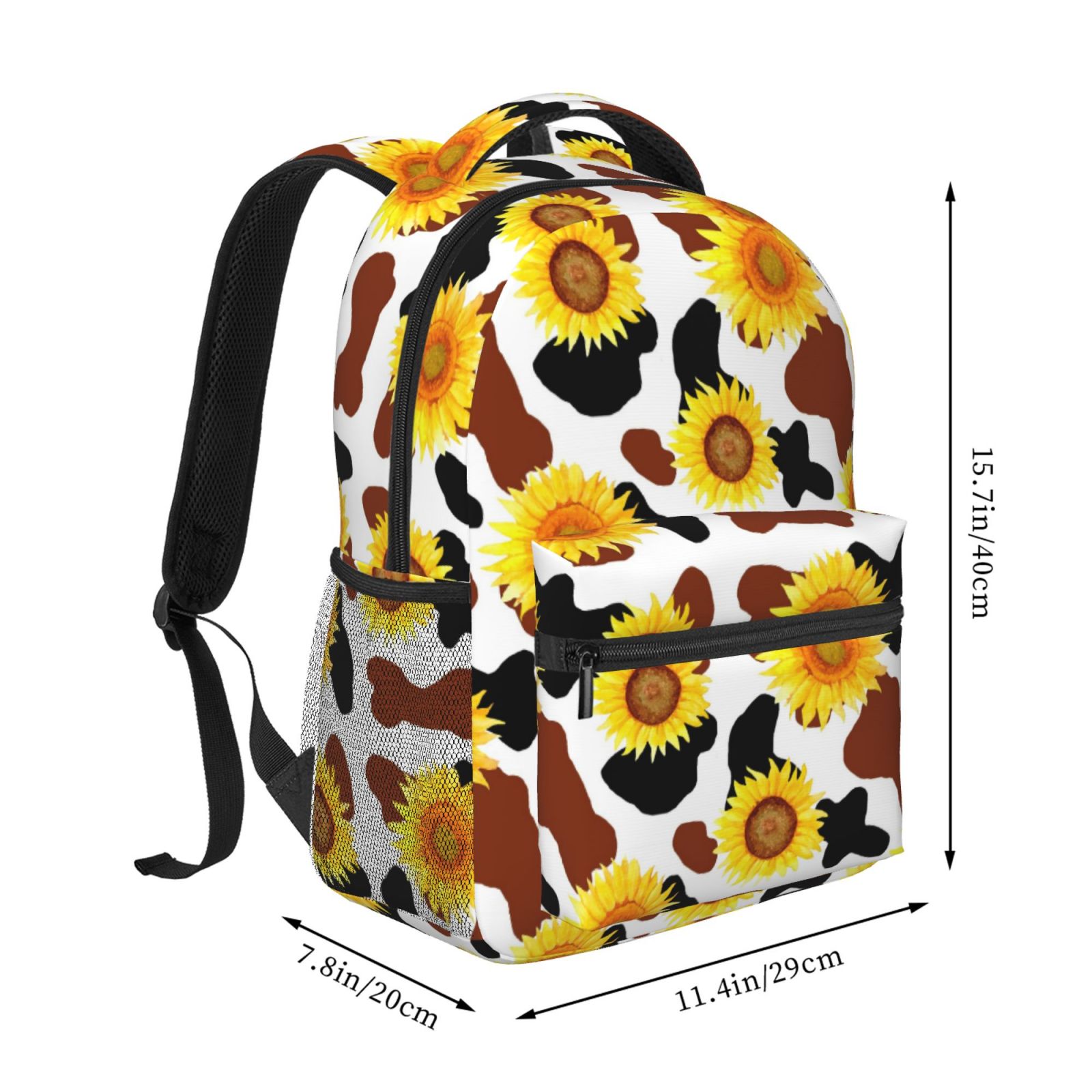 Rateoe Cow Print Sunflower Pattern Casual Backpack for School, Work, Travel – Adjustable Straps, Multiple Compartments – Ergonomic Design, Fits Laptops and Tablets