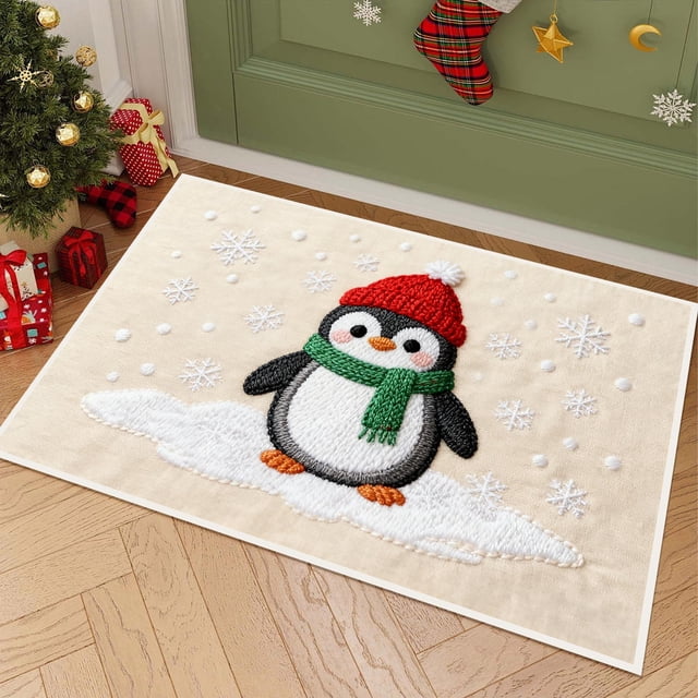 Christmas Holiday Embroidery Style Non-Slip Absorbent Kitchen Floor Mat, Washable Indoor Doormat for Entryway Bathroom Laundry Room Decor