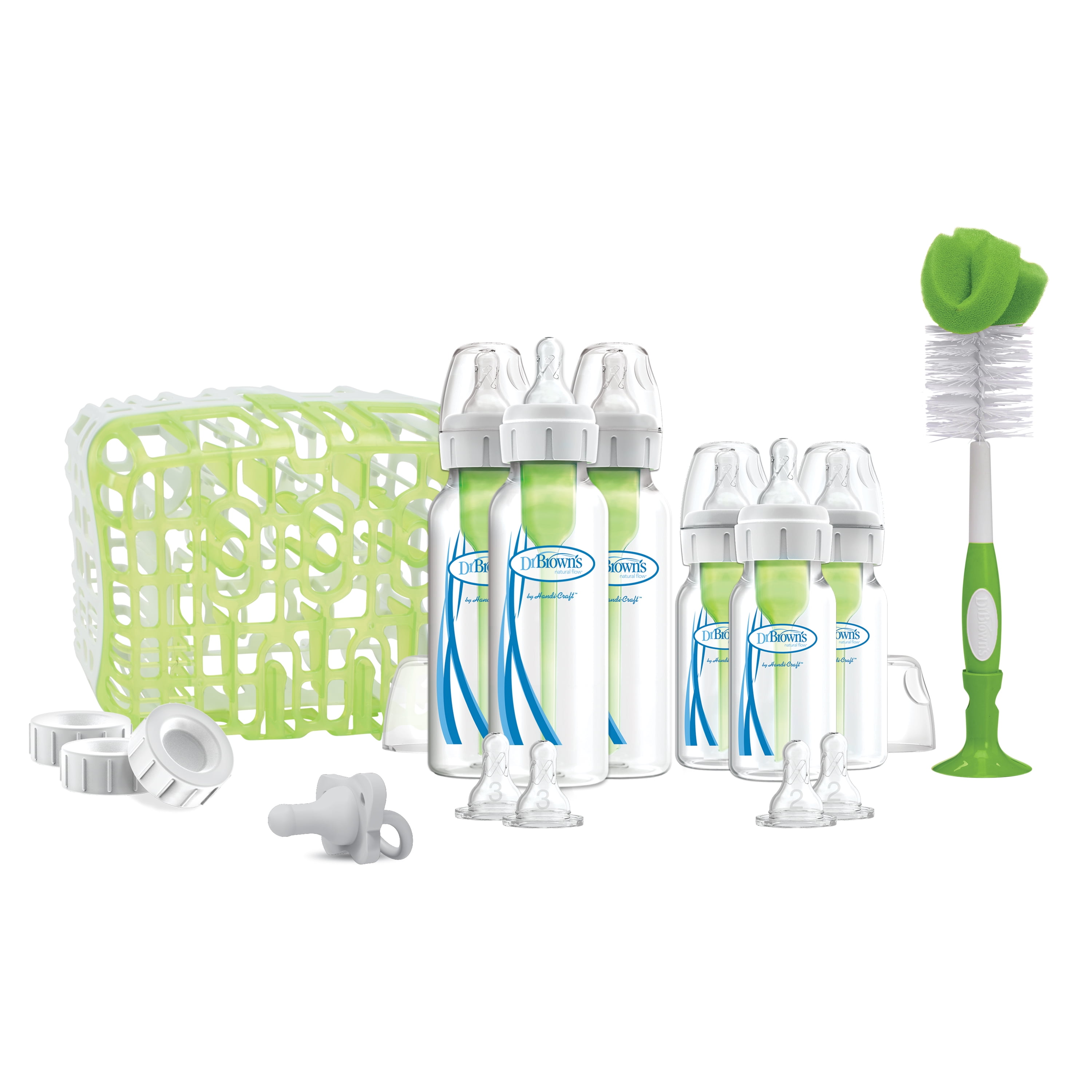 Dr. Browns Natural Flow Anti-Colic Options+ Deluxe Bottle Essentials Gift Set with 100% Silicone HappyPaci Pacifier, Bottle Brush and Dishwasher Basket for Bottle Parts, 0m+
