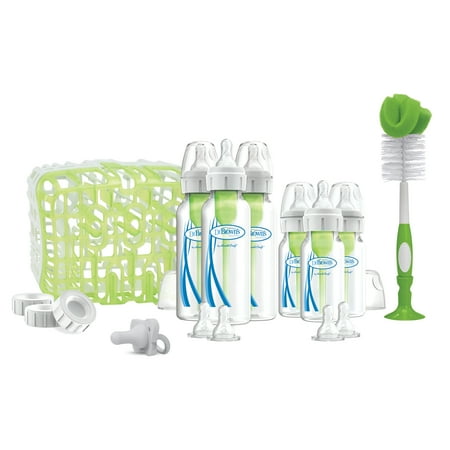 Dr. Brown’s Natural Flow® Anti-Colic Options+™ Deluxe Bottle Essentials Gift Set with 100% Silicone HappyPaci™ Pacifier  Bottle Brush and Dishwasher Basket for Bottle Parts  0m+