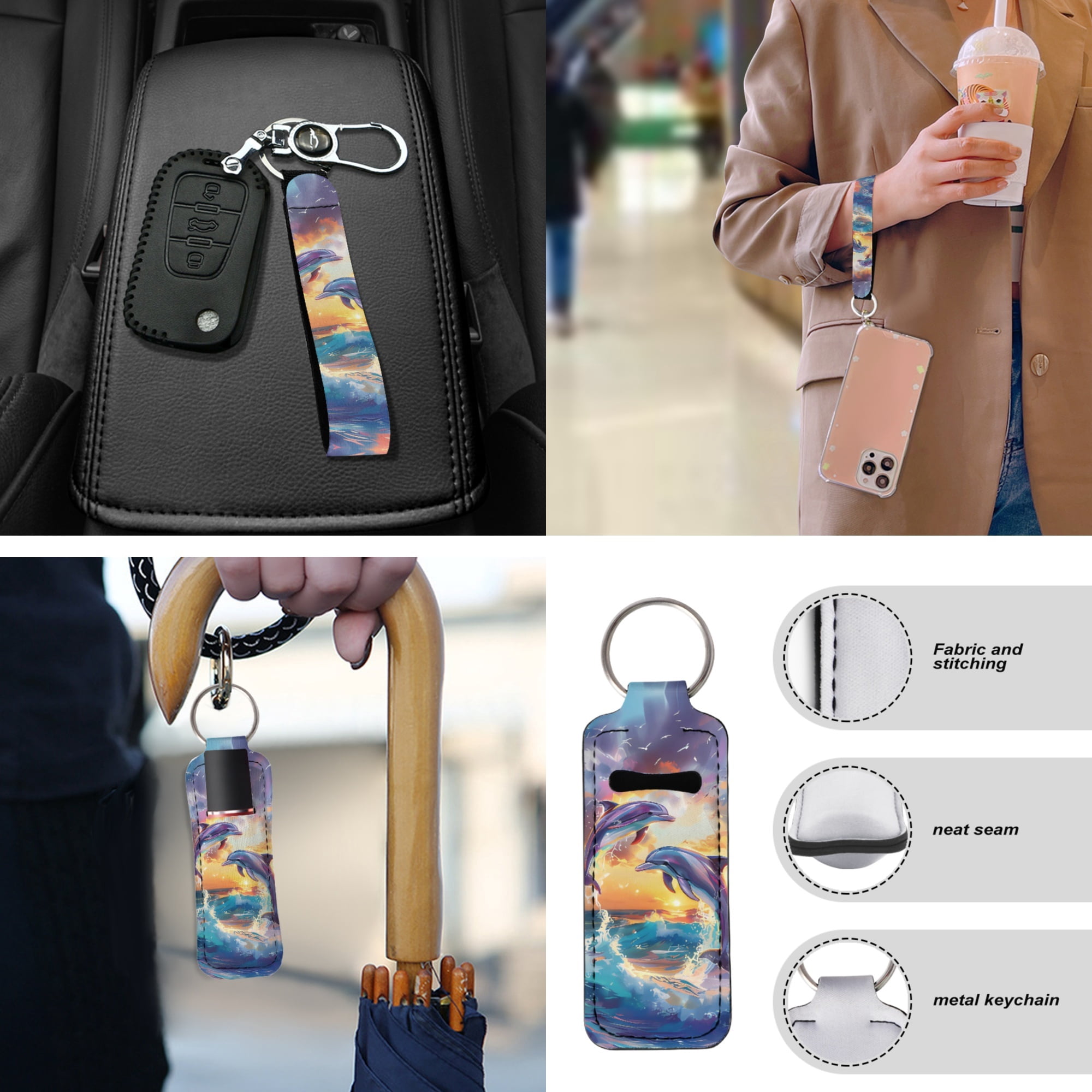 Jeiento Dolphin 13 PCS Set Car Seat Covers Steering Wheel Cover Seatbelt Strap Pad Armrest Cover Pad Cup Coasters Blue Ocean Key Ring for Women Men Automobile Interior Sets