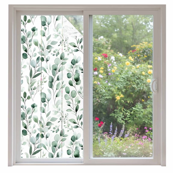 Watercolor Leaf Window Privacy Film Eucalyptus Leaves Green Botanical Decorative Glass Window Film UV Blocking Static Cling Non-Adhesive Sticker Covering for Home Door 35.4x78.7 inches