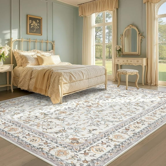 Washable Vintage Floral Area Rug 5x7 Indoor Carpet for Living Room Bedroom Home Office - Beige/