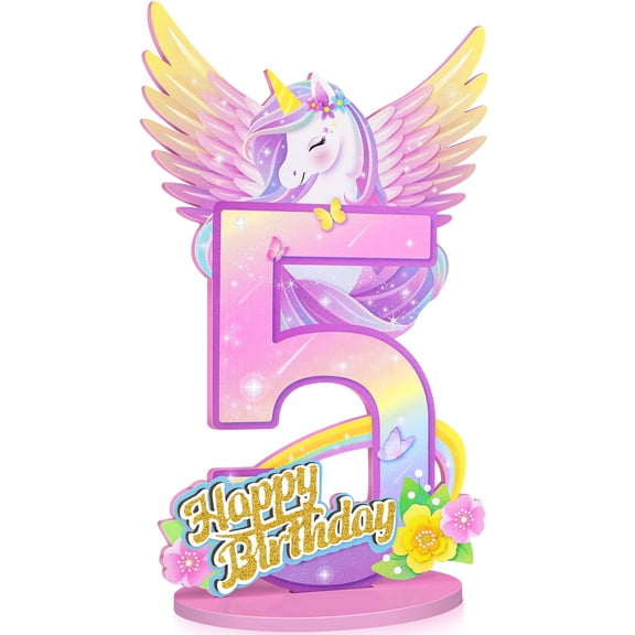 Sinekong Unicorn 5th Birthday Number Sign Centerpiece for Girls, Unicorn Party Supplies Wooden Table Decoration for Kids Birthday