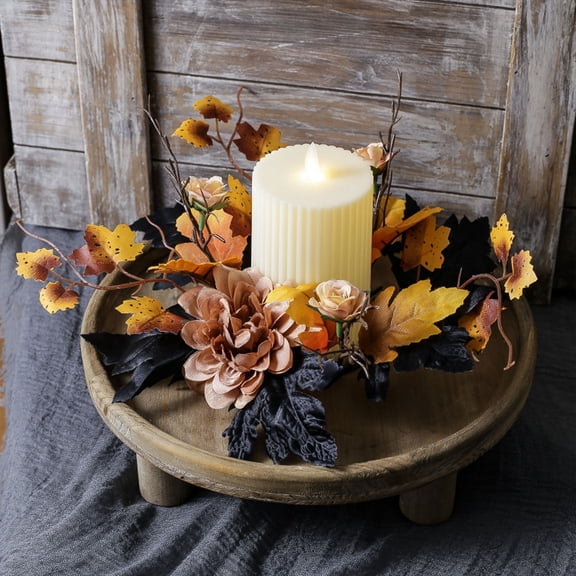 Halloween Artificial Dahlia Candle Rings Wreaths,Black Vine,Fall Candle Rings Thanksgiving Day Ring Holder Mini Autumn Artificial for Wedding,Door Tabletop Decoration(A)