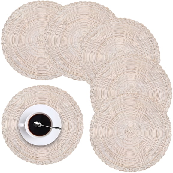 ACDANC Round Placemats Set of 6 for Dining Table–Woven Heat Resistant Anti-Slid Cotton Kitchen Table Mats 15",Easy to Care,Mixed Color,Beige