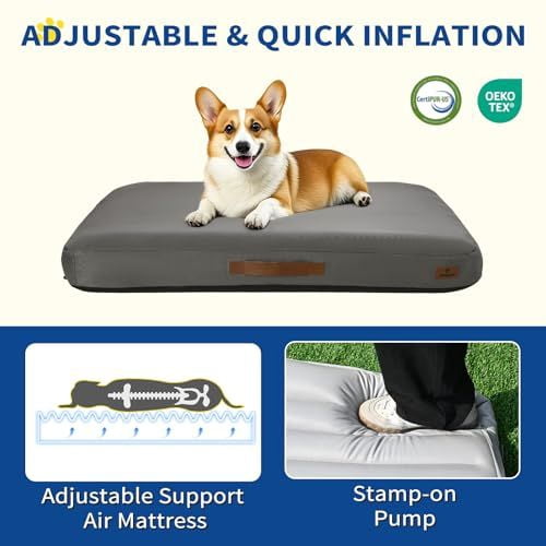 36×27 Inch Inflatable Dog Bed with Removable Oxford Cover, Foot Pump Self-Inflating Waterproof Pet Mat, Anti-Slip Bottom Pressure Relief Foldable Portable Indoor Outdoor Travel Camping Dog Bed