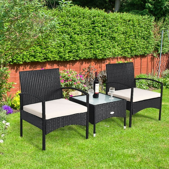 Patiojoy Rattan Table And Chairs Set Wicker Furniture Set of 3 Black